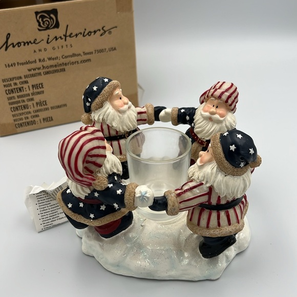 Home Interiors patriotic Christmas Santa's around Candle holder 2002 NEW - Picture 1 of 5